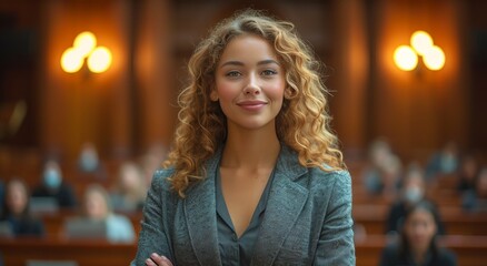 A cheerful lady with curly hair and a warm smile, clad in a grey jacket, radiates comfort and charm indoors - obrazy, fototapety, plakaty
