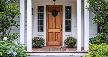 Wooden front door with gabled porch and landing. Main entrance door in house. Exterior of georgian style home cottage with columns