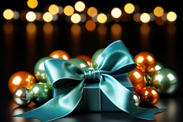Festive Delight: A Vibrant Gift Box Adorned With a Sparkling Bow and Dazzling Ornaments