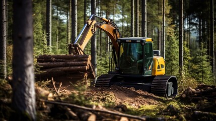 Lumberjack with modern harvester vehicle, in forest.Wood as an energy source