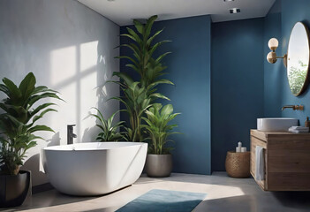 Modern minimalist bathroom interior, bathroom cabinet, white sink, vanity, indoor plants, bathroom accessories, bathtub and shower, beautiful marble floor, copy space,