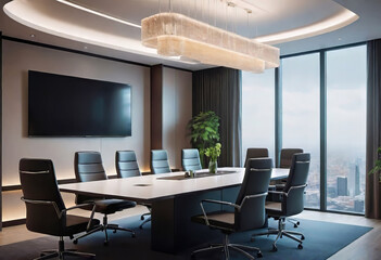 Modern executive room for high-level meetings and conferences, stylish desk and office chairs, Conference room ready for next-level executive meetings, copy space,