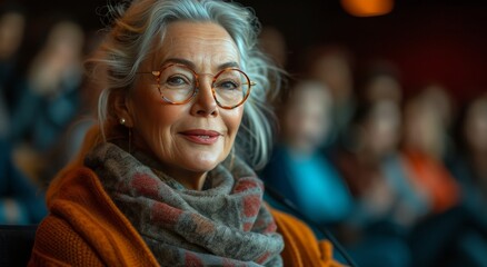 Obraz premium A stylish and confident woman beams with a warm smile, her glasses and scarf adding sophistication to her portrait while highlighting the subtle wrinkles on her forehead