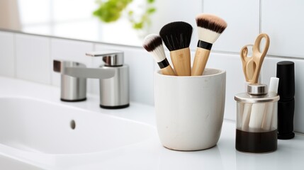 Beauty Essentials - A bucket with makeup brushes on the modern sink in the bathroom