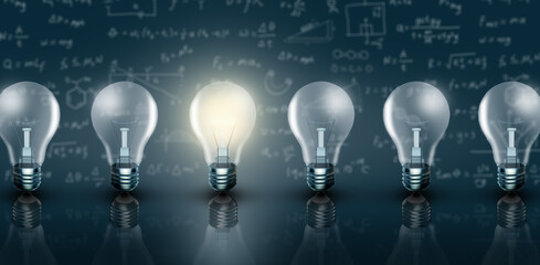 Illuminated light bulb in a row. One different glowing on formulas and blue background. Business bright idea, Great idea, Innovation, Creativity, Solution, and imagination Concept. 3D Render.