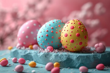 Fototapeta na wymiar Colourful easter eggs on a podium in 3d style