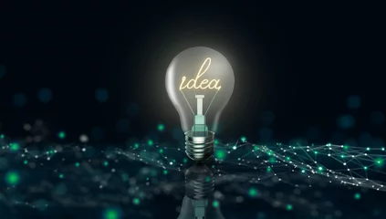 Foto op Plexiglas Glowing light bulb with the word idea on digital business technology background. Business bright idea, Creative and innovation inspiration Concept. 3D Render. © Peachayatanomsup