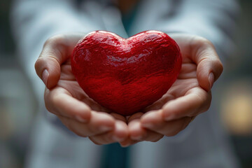 Doctor holds a red heart symbolizing love, donation, World Heart Day
