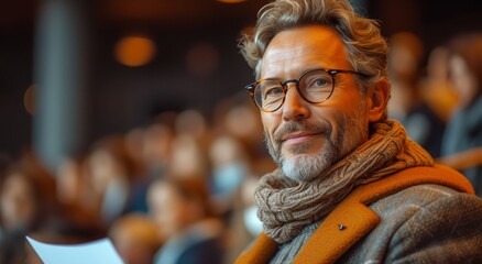 Fototapeta premium A thoughtful man, with a warm scarf wrapped around his neck, gazes through his glasses with a hint of wisdom and a touch of sophistication