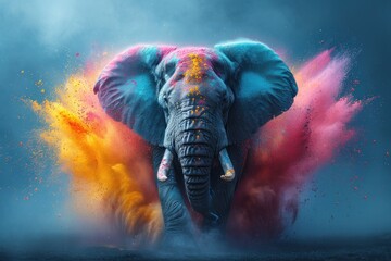Joyful elephant in Happy Holi background with vibrant colors