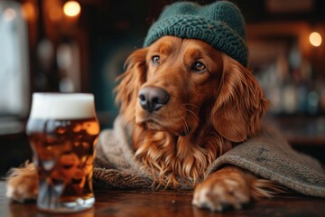 Irish red setter dog enjoys St. Patrick's Day in pub