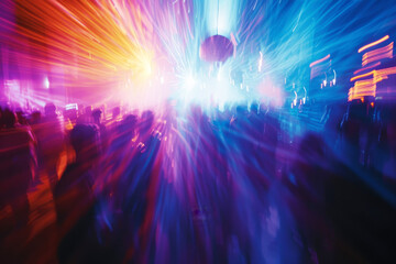 Fototapeta na wymiar Blurred Dance Floor with Colourful Lights. A motion-blurred scene of a vibrant dance floor lit with dynamic, colourful lights. 