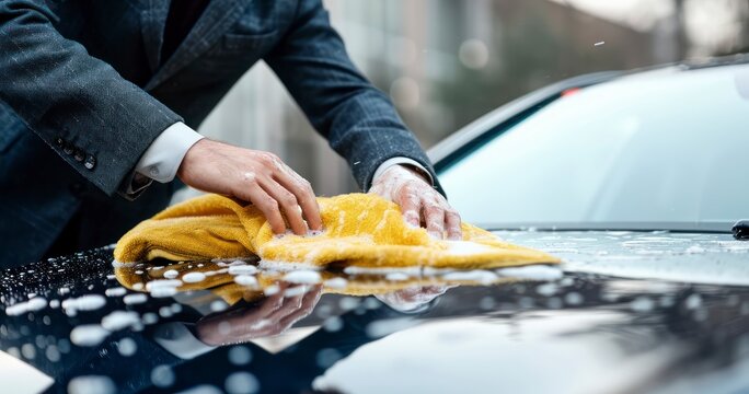A Businessman in a Suit Engaged in Polishing His Windshield with a Microfiber at a Self-Service Wash