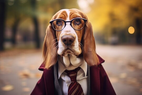 Close up of an old Beagle dog with glasses walking in the park.