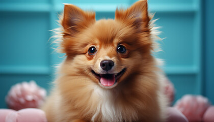 Cute puppy sitting, looking at camera, fluffy fur, playful nature generated by AI - obrazy, fototapety, plakaty