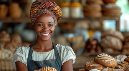 A content woman in a cozy bakery, dressed in comfortable clothing, radiantly smiles at the camera while holding a delectable pastry - obrazy, fototapety, plakaty