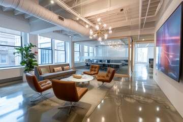 modern living room.  "Growth Hub". A well-lit, modern office space with a minimalist design, including furniture and technology for a professional environment.