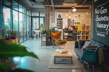 interior of office.  "Visionary Ventures" . A well-lit, modern office space with a minimalist design, including furniture and technology for a professional environment.