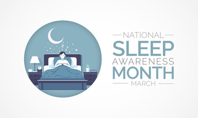Sleep awareness month is an annual event celebrated each year in March. This is an opportunity to stop and think about your sleeping habits, consider how much they impact your well-being. Vector art