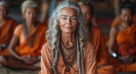 Fototapeta premium A serene woman with long white hair and an ornate necklace stands in a temple, dressed in orange clothing like a monk, exuding a sense of peace and spirituality