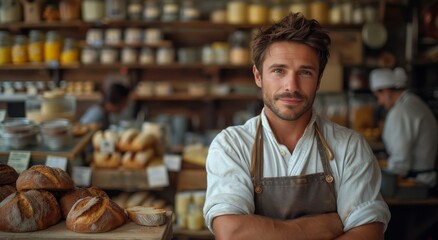 A confident man in a bakery apron stands with his arms crossed, overseeing the freshly baked goods on display in his charming indoor shop