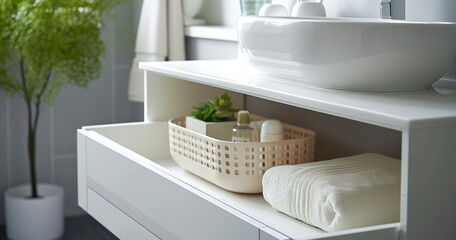 The Allure of a Clean, White Bathroom Interior Enhanced by Elegant Storage Solutions