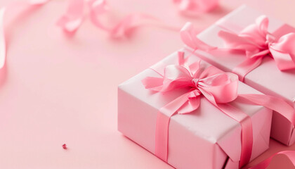 colorful pink gift box wrapped with pink ribbons with writing space available on one side, background for valentines day, birthday, anniversary, wedding, celebration.