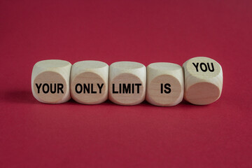 Concept words Your only limit is you on wooden cubes. Beautiful red background. Business concept. Copy space.