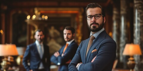 Fototapeta premium Handsome man, along with his team of startup managers, standing in the opulent backdrop of a luxury office.