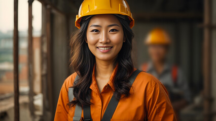 Captured on the work site, a female construction worker dons PPE and wears a bright smile