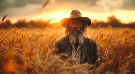 Fototapeta premium A lone cowboy, wearing a sun hat and surrounded by golden wheat, gazes up at the vibrant sky as he tends to his bountiful harvest on a warm summer evening