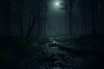 Rainy forest night wide shot cinematic style