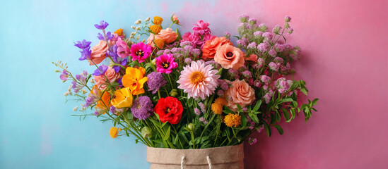 Obraz na płótnie Canvas Kraft paper bag with a bouquet of multi-colored flowers. Generative AI.