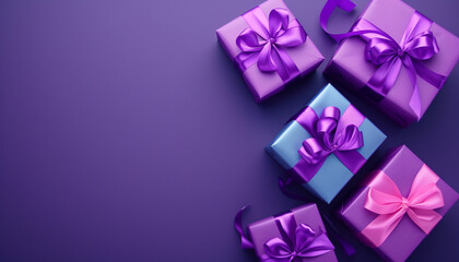 five colorful purple gift box wrapped with purple ribbons with writing space available on one side, background for birthday, anniversary, wedding, celebration. - obrazy, fototapety, plakaty