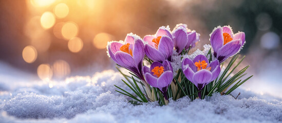 Purple crocuses blossomed in the snow symbolizing the arrival of spring. Sunlight and bokeh in the...