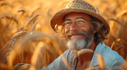 Fototapeta premium Amidst the golden wheat, a weathered man with a sun hat and moustache gazes proudly, embodying the resilience and wisdom of the land