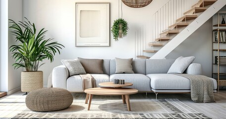 A Cute Grey Sofa Enhancing a Room with a Staircase in a Scandinavian-Style Modern Living Space