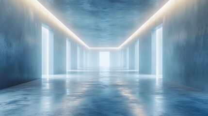 Futuristic Corridor with Neon Lights and Polished Floor with Open Space for Text or Logo
