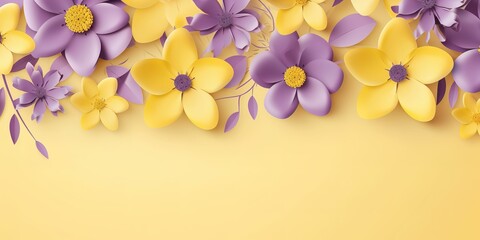 Happy Mothers day banner with purple flowers on yellow background,