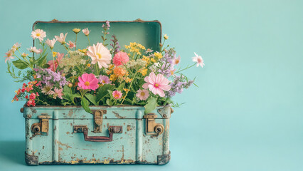 Vintage open suitcase with bright wildflowers. The concept of the arrival of spring, travel. AI Generative - Powered by Adobe