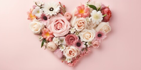 Heart surrounded with fresh colorful flowers on pastel pink background.