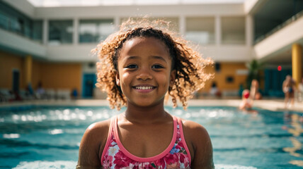 Diverse young children enjoying swimming lessons in the pool having a fun time while learning with their friends