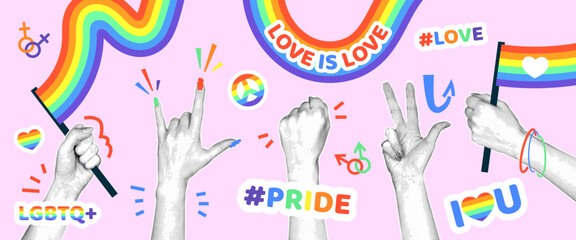 Pride month retro collage style. Hands with halftone effect holding flags and showing various gestures. Collage with elements for decorating LGBT events.