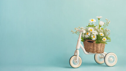 Spring banner. Toy bicycle with a basket of flowers on a blue background with empty space. Generative AI.