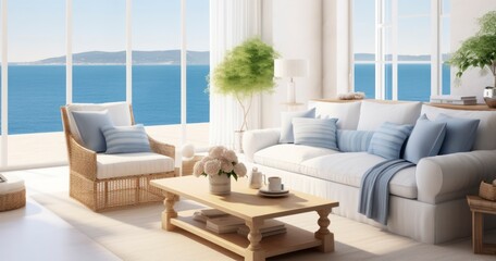A Beautifully Designed Living Room with Coastal Aesthetics, White and Blue Tones, and Breathtaking Seascape Views