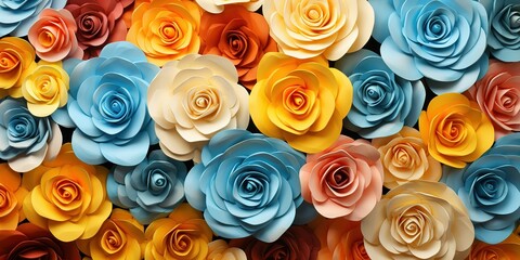 Floral Wallpaper with Yellow, Blue and Orange Roses.
