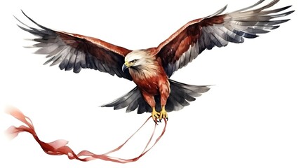 Red kite with ribbons and rope flying high in the air isolated on white background. Watercolor hand drawn illustration sketch