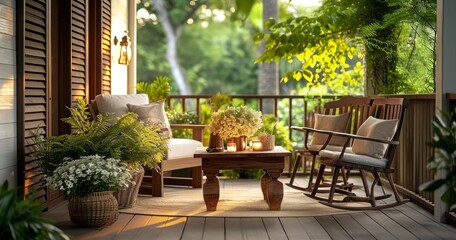 Fototapeta na wymiar A Charming Wooden Table and Chairs Set on a Terrace, Bringing Life to the Garden House Outdoors
