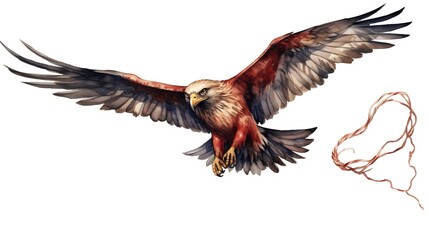 Red kite with ribbons and rope flying high in the air isolated on white background. Watercolor hand drawn illustration sketch