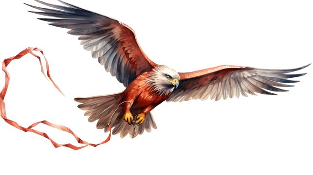 Red Kite With Ribbons And Rope Flying High In The Air Isolated On White Background. Watercolor Hand Drawn Illustration Sketch